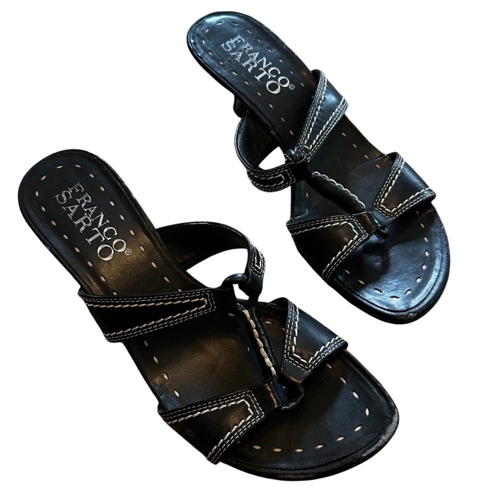 Franco Sarto Womens Black Leather Kitten Heel Sandals Contrast Stitch Mules 6M